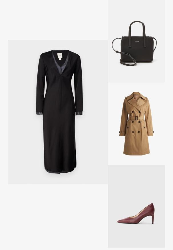 Tamnog smeđi kaput s dvostrukim kopčanjem, širokim ovratnikom, remenom u struku i epauletama na ramenima. Glatka tkanina s prednjim džepovima.; Crna haljina dugih rukava od glatkog materijala, s dubokim V-izrezom, satenskim detaljima na ovratniku i bočnim prorezima za lakše kretanje.; Bordo kožni salon elitnog dizajna s izduženim vrhom i štiklom visokom 7,5 cm. Glatka tekstura s niskim izrezom na prednjem dijelu i elegantnom siluetom.; Crna torba s dva kratka ručka i uklonjivom naramenicom. Glatki materijal nalik koži s zatvaračem na zatvaranje i detaljem s logom.