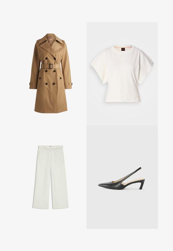 Tan trench coat with double-breasted buttons, wide collar, belted waist, and shoulder epaulettes. Smooth fabric with front pockets.; White cropped T-shirt, short wide sleeves, soft cotton material, round neckline with subtle orange trim, minimal design, no patterns or graphics.; Wide-leg pants in light cream fabric, featuring side pockets, a flat front, and a single button closure at the waist. Smooth texture.; Black pointy-toed slingback shoe with a low heel, featuring smooth leather material and cut-out design on the side for breathability.