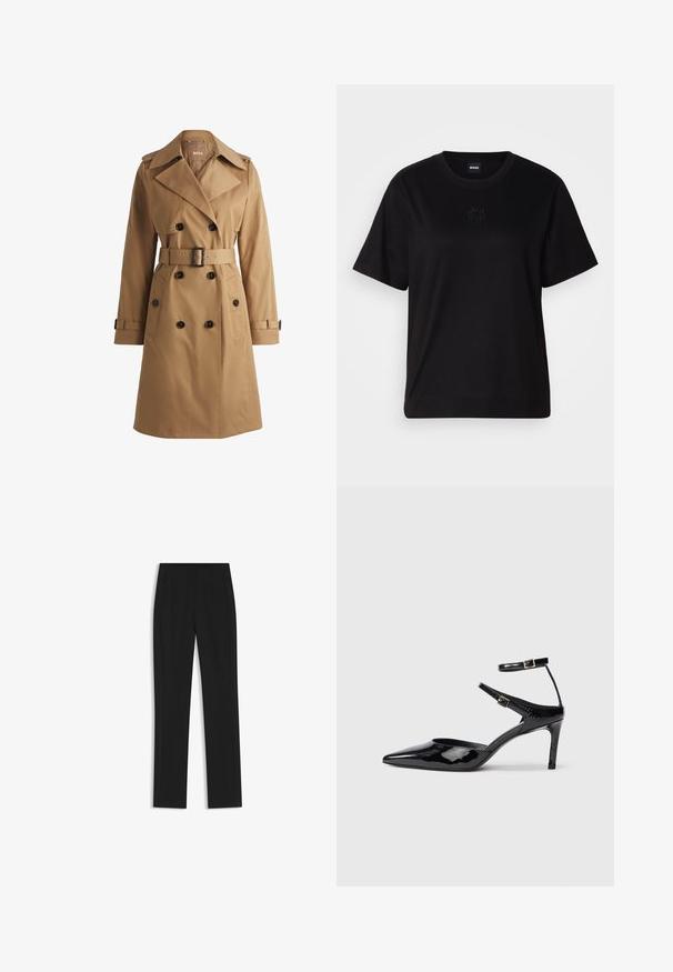 Tan trench coat with double-breasted buttons, wide collar, belted waist, and shoulder epaulettes. Smooth fabric with front pockets.; Black cotton t-shirt with a crew neckline, short sleeves, and an embroidered logo on the chest. Simple, relaxed fit with no patterns.; Black tailored trousers with a straight-leg design, featuring front pockets and a smooth, textured fabric. Neat, minimal detailing.; Black patent leather heels with a pointed toe, adjustable ankle straps, and a slender heel. Smooth texture with a shiny finish.