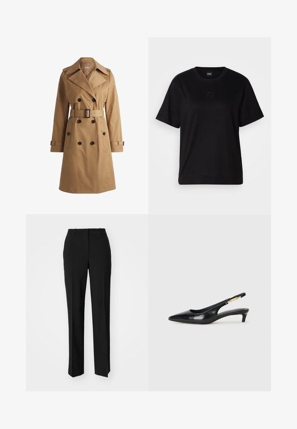Kétgombos, világosbarna trench coat széles gallérral, övvel ellátott derékkal és vállhevederekkel. Simább anyag, elülső zsebekkel.; Fekete pamut póló kerek nyakkivágással, rövid ujjakkal és hímzett logóval a mellkasán. Egyszerű, laza szabás, minta nélkül.; Fekete, testhezálló nadrág egyenes szárú kivitelben, sima textúrával és éles redőkkel az elején. Nincs látható fémalkatrész.; Fekete bőr slingback magassarkúk, hegyes orral, vékony sarkakkal és arany színű részlettel a állítható pánton. Simа felület.