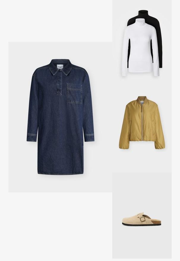 Cropped bomb jacket in mustard yellow, made from lightweight fabric. Features a front zipper, ribbed collar, and side pockets. Smooth texture.; Two long-sleeve turtleneck tops, one white and one black, made of a smooth, stretchy fabric, both featuring slim-fitting design and high collars.; Denim dress in dark blue, featuring a collared neckline, long sleeves, and a chest pocket. The fabric has a smooth texture with visible stitching.; Beige suede slide-on clogs with a cork footbed, rounded toe, and a simple strap featuring a gold-tone buckle. Rubber sole for grip.; Brown suede handbag with two top handles and an adjustable shoulder strap. Features a structured shape and minimalistic design.