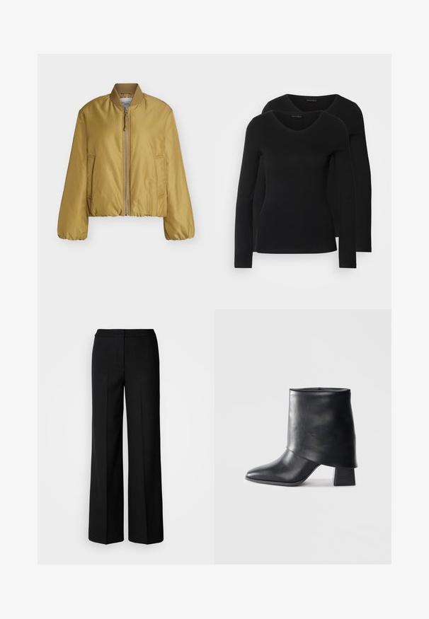 Cropped bomb jacket in mustard yellow, made from lightweight fabric. Features a front zipper, ribbed collar, and side pockets. Smooth texture.; Two black long-sleeve shirts with a V-neck design, made of soft, stretchy fabric, showing smooth texture and a fitted shape.; Black wide-leg trousers with a smooth fabric, featuring a high waist, tailored seams, and a minimalist design. No visible hardware or pockets.; Black leather ankle boot with a pointed toe, smooth texture, and a structured block heel. Features a high, folded cuff design.