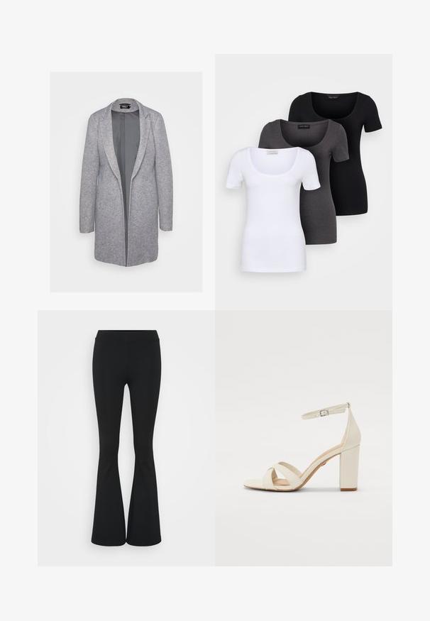 Pelēks žaketes stila mētelis, izgatavots no austas auduma, ar atlocītu apkakli un atvērtu priekšpusi. Gluda tekstūra ar garām piedurknēm.; Trīs pieguļoši T-krekli baltā, pelēkā un melnā krāsā. Katram ir plaša izgriezuma kakla un īsas piedurknes. Izgatavoti no gluda, elastīga auduma.; Melnas izplešanās bikses, izgatavotas no elastīga auduma, ar augstu vidukli un gludu tekstūru. Bikses izvēršas no ceļa.; Krems krāsas papēžu sandales ar kvadrātveida purngalu, krustveida siksnām, potītes siksnu ar sprādzi un masīvu papēdi. Gluda ādas tekstūra.