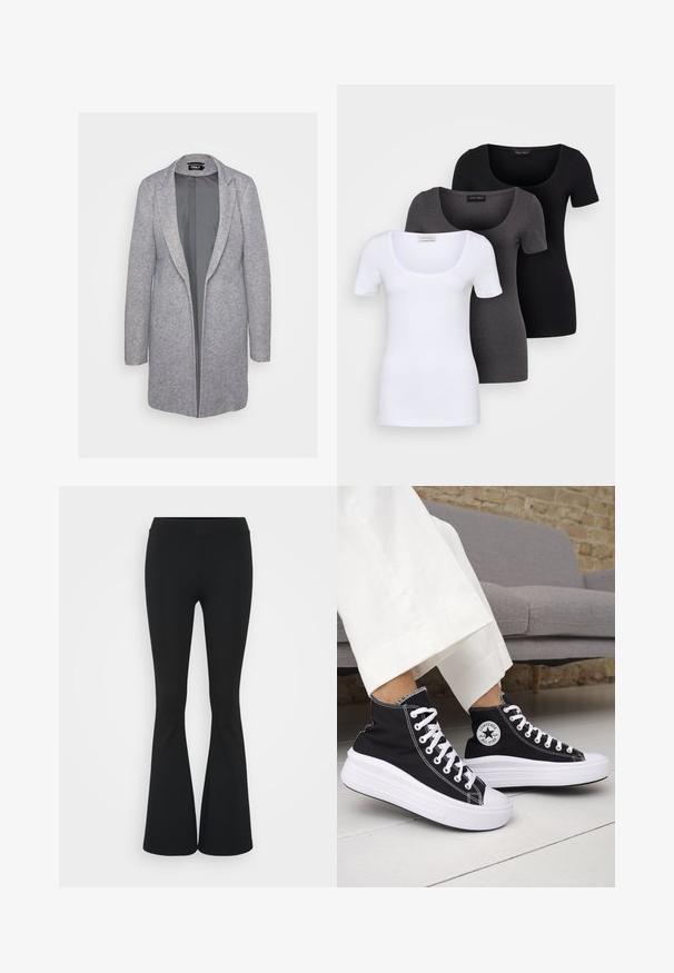 Harmaa bleiserityylinen takki, joka on valmistettu kudotusta kankaasta ja jossa on läpyskäkaulus sekä auki oleva etuosa. Sileä tekstuuri ja pitkät hihat.; Kolme istuvaa T-paitaa valkoisena, harmaana ja mustana. Jokaisessa on leveä avara pääntie ja lyhyet hihat. Valmistettu sileästä ja joustavasta kankaasta.; Mustat leveät housut, jotka on valmistettu joustavasta kankaasta, ja joissa on korkea vyötärö sekä sileä pinta. Housut levenevät polven kohdalla.; Mustat korkeavartiset tennarit, joissa valkoiset kumipohjat ja nauhat. Koristettu pyöreällä logotarralla ja valkoisilla kontrastisaumoilla. Materiaali on canvas.