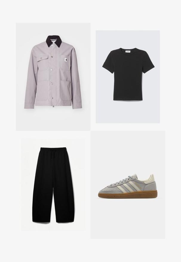 Jachetă gri deschis cu un guler din catifea neagră, capse argintii, patru buzunare frontale și o ecuson pe buzunarul stâng. Textură netedă.; Tricou negru cu mânecă scurtă, realizat dintr-un material de bumbac moale, cu guler rotund și o croială lejeră, având un design simplu, fără modele vizibile.; Pantaloni negri cu picioare largi, cu un elastic la talie și șnur. Material moale cu o textură netedă. Croială dreaptă cu cusături laterale.; Adidași din suede gri, cu dungi din piele gri deschis și talpă din cauciuc de tip gumă. Include închidere cu șireturi și un branding discret pe limbă.