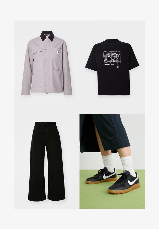 Lichtgrijze jas met een zwarte corduroy kraag, zilveren drukknoopsluitingen, vier voorzakken en een logo op de linkerzak. Gladde textuur.; Zwarte T-shirt van katoen met korte mouwen. Voorzien van een witte spinnenwebgrafiek en logo op de voorkant. Eenvoudige ronde halslijn.; Zwarte wijde cargobroek van denim, met een hoge taille, sluiting met een knop aan de voorkant en zijzakken. Gladde textuur met minimale stiksels.; Zwarte leren en synthetische sneakers met witte Nike swoosh, rubberen gumzool, ronde neus en zwarte veters. Geribbelde witte sokken zichtbaar.