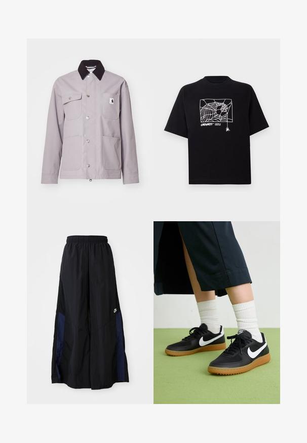Casaco cinza claro com colarinho de veludo cotelê preto, botões prateados, quatro bolsos frontais e um emblema no bolso esquerdo. Textura suave.; T-shirt preta feita de algodão com mangas curtas. Apresenta uma gravação de teia de aranha branca e um logótipo na parte da frente. Possui um decote simples em forma redonda.; Calças largas pretas feitas de tecido leve, com um painel lateral azul-marinho e cintura elástica. Pequeno logótipo branco na parte inferior.; Sapatilhas pretas em couro e sintético com o logo da Nike em branco, sola de borracha tipo goma, bico redondo e atacadores pretos. Meias brancas com frunces visíveis.
