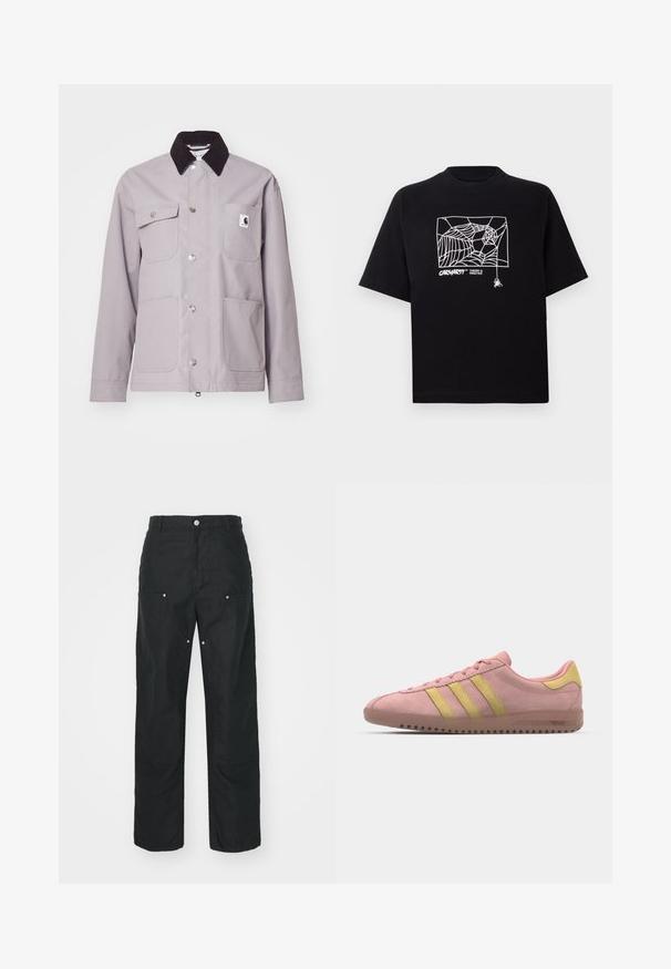 Veste gris clair avec un col en velours côtelé noir, des boutons-pression en métal argenté, quatre poches avant et un patch logo sur la poche gauche. Texture lisse.; T-shirt noir en coton à manches courtes. Présente un graphisme de toile d'araignée blanche et un logo à l'avant. Encolure ronde simple.; Pantalons noirs avec un design à jambe droite, fabriqués dans un tissu texturé. Comprend des accessoires décoratifs en métal argenté et des détails de couture uniques.; Baskets en daim rose avec trois rayures jaunes, bout rond et semelle en caoutchouc texturée. Design profil bas avec un col rembourré.