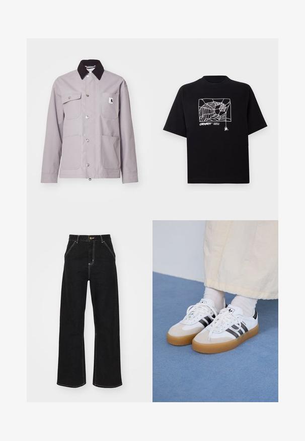 Világosszürke dzseki fekete kordbársony gallérral, ezüst gombokkal, négy elülső zsebbel és logó folttal a bal zseben. Sima textúra.; Fekete pamut póló rövid ujjakkal. Elülső részén fehér pókhálós grafika és logó található. Egyszerű, kerek nyakú.; Fekete, széles szárú farmernadrág, kontrasztos fehér varrással és elülső gombos záródással, két ferde elülső zsebbel.; Fehér sportcipő fekete csíkokkal és bézs velúr részletekkel. Texturált gumi talppal és lapos fehér fűzőkkel rendelkezik, világos színű zoknival viselve.