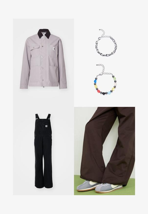 Chaqueta gris claro con un cuello de pana negro, broches plateados, cuatro bolsillos frontales y un parche con logo en el bolsillo izquierdo. Textura suave.; Camiseta blanca de manga corta hecha de algodón. Diseño de cuello redondo con una textura suave y sin patrones ni acentos visibles. Estilo básico.; Pantalones de tirantes de denim negro con piernas anchas, tirantes ajustables, bolsillo frontal y parche con logo en el pecho. Tejido resistente con un acabado mate.; Pantalones de pierna ancha marrones con textura suave y detalles en las costuras laterales, combinados con zapatillas de estilo retro en gris y blanco con suela de goma.; Pulsera de cadena de plata con eslabones alargados en la parte superior. Debajo, una pulsera de cuentas coloridas con cuentas negras, azules, verdes, amarillas, rojas y transparentes.