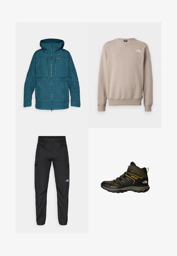 Τιρκουάζ αδιάβροχη ζακέτα με κουκούλα, μπροστινό φερμουάρ και πολλαπλές τσέπες με φερμουάρ. Διαθέτει λεία υφή και ρυθμιζόμενους μανικιών.; Μπεζ φούτερ φτιαγμένο από ύφασμα μείγματος βαμβακιού. Διαθέτει πλεκτό λαιμόκοψη, μανσέτες και στρίφωμα; λογότυπο μπροστά αριστερά σε λευκό χρώμα. Κλασική χαλαρή εφαρμογή.; The North Face HORIZON PANT - Παντελόνι εξωτερικού χώρου - black; Μέσης κοπής ορειβατικά μποτάκια σε ελαιόχρωμο με μαύρες λεπτομέρειες, με πάνω μέρος από δίχτυ, σόλα Vibram και έντονο σύστημα κορδονιών. Λεπτομέρειες σε κίτρινο χρώμα.