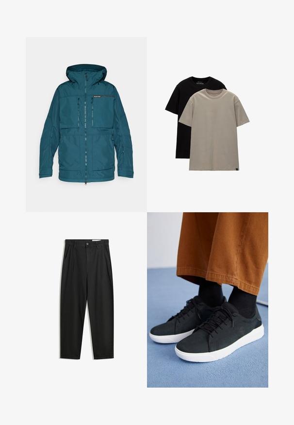 Giacca impermeabile color teal con cappuccio, chiusura anteriori con zip e diverse tasche con zip. Presenta una superficie liscia e polsini regolabili.; Set di due t-shirt; una nera, una beige chiaro. Vestibilità regolare con scollature rotonde, realizzate in morbido cotone. Design semplice, senza motivi.; Pantaloni in cotone neri con una vestibilità rilassata, dotati di una vita classica, pieghe frontali e tasche laterali. Tessuto liscio senza fantasie.; Sneakers in suede nera con suole in gomma bianca, dotati di un design con lacci, accenti testurizzati e branding sottile, abbinati a pantaloni marroni.