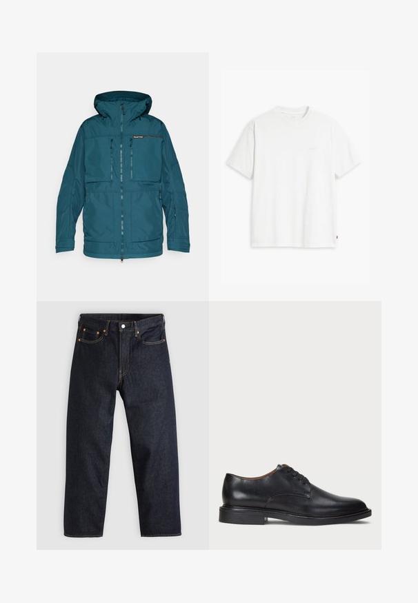 Teal vattentät jacka med huva, zip-up fram och flera fickor med dragkedja. Har en slät yta och justerbara ärmslut.; Vit bomulls t-shirt med korta ärmar, rundad halsringning och subtil Levi's-logotyp tryckt i mitten. Mjuk textur och standard passform.; Mörkblå denimjeans med rak passform, fem fickor, kontrasterande orange sömmar och knappgylf. Inga synliga mönster eller dekorationer.; Svart läderklänningsko med rund tå, snörning och låg staplad klack. Slät yta med minimala sömdetaljer.