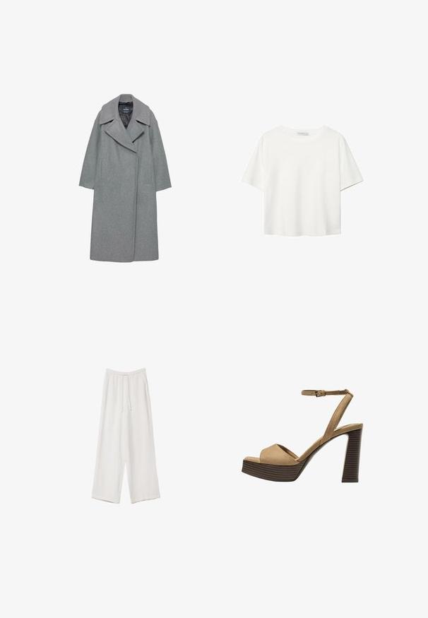 Sivi vuneni kaput s širokim izrezom, dugim rukavima i bočnim džepovima. Dizajn je jednostavan s ravnim siluetom.; Bijela majica kratkih rukava od pamuka. Ima okrugli izrez i opušteni kroj. Glatka tekstura bez vidljivih uzoraka ili naglasaka.; Bijele hlače širokih nogavica napravljene od lagane tkanine. Imaju elastičan pojas s ušicom i bočne džepove. Glatka tekstura.; Beige suedirane sandale s visokim potpeticama, širokom prednjom trakom i trakicom oko gležnja, s debelom drvenom blok-potpeticom s teksturiranim završetkom.