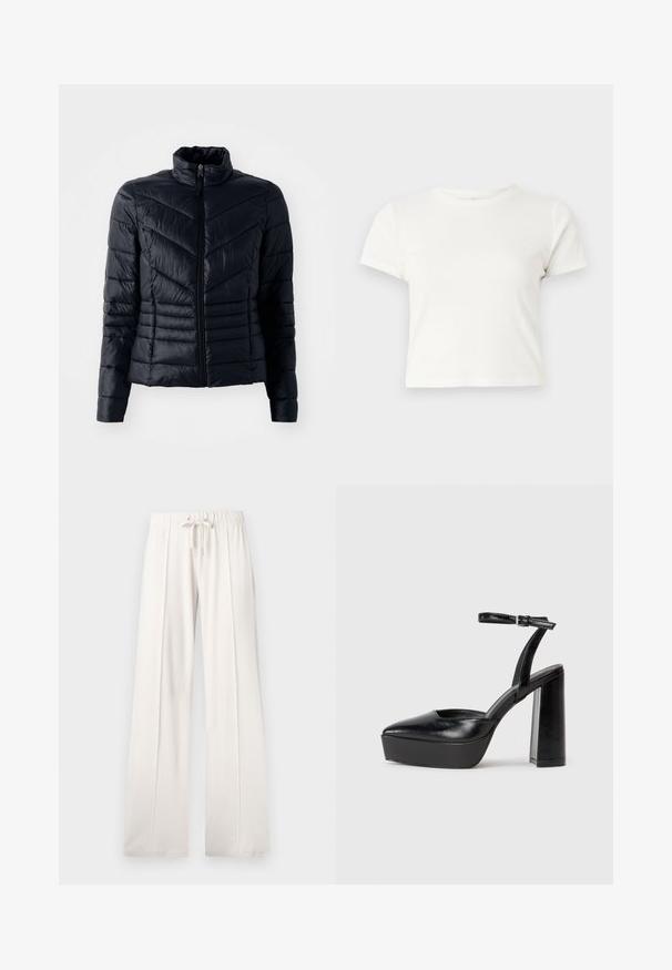 Črna podložena jakna s pokončnim ovratnikom, ki ima številčaste šive in zadrgo, izdelana iz gladkega, lahko materiala.; Kratka bela majica iz bombaža s kratkimi rokavi, okroglim ovratnikom in ravnim robom, ki ima gladko teksturo in minimalističen dizajn.; Svetlo bež trenirke, izdelane iz mehkega blaga, s punch rezom v pasu, širokimi nogami in vertikalnimi šivi ter gladko teksturo.; Črne platforme z visokimi petami in koničastim nosom ter nastavljivim gležnjenjskim trakom. Narejene iz gladke usnje, s kockasto peto.
