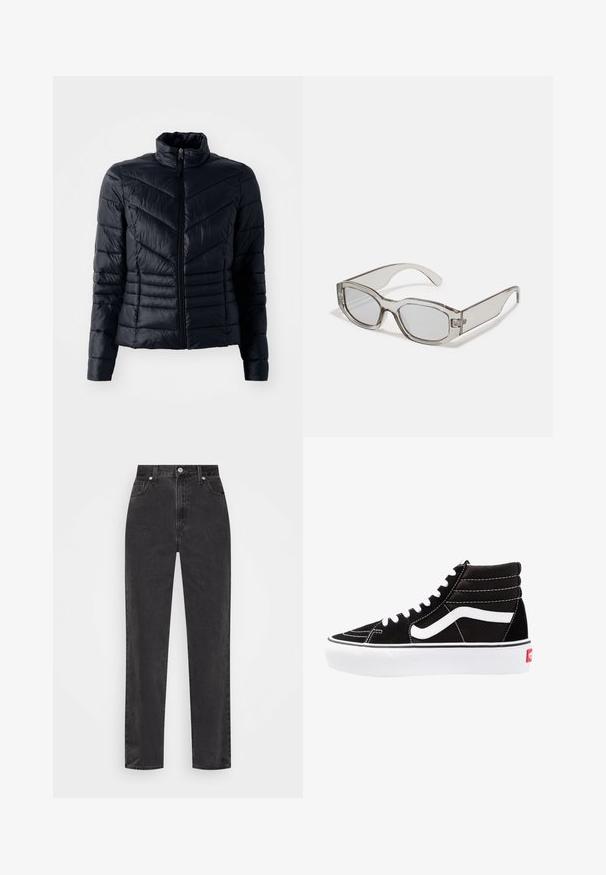 Black padded jacket with a stand-up collar, featuring chevron stitching and zip closure, made from a smooth, lightweight material.; Two sleeveless tops in black and white, made of ribbed cotton, featuring round necklines and a fitted design. Labels visible on both.; Straight-leg black denim jeans with high waist, front button and zipper, and five-pocket styling on a white background.; Black high-top sneakers with white laces, a white logo, and contrasting white stitching. Features a thick white sole and textured suede upper.; Gray translucent sunglasses with a rectangular shape, flat lenses, and thick arms. Features a subtle hinge detail on the temples.