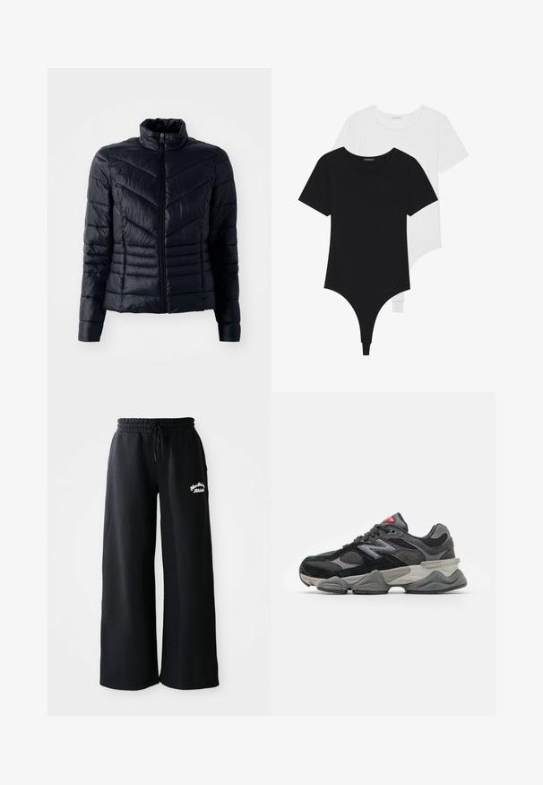 Svart polstret jakke med stående krage, med chevron-søm og glidelås, laget av et glatt og lett materiale.; Svarte og hvite kortermede bodysuits med runde krager og thong-bunner, laget av glatt, elastisk stoff.; Svarte vide joggebukser med snor i livet. Har brodert tekst på venstre side, laget av mykt bomullsblandingsmateriale.; Svarte og grå joggesko med en blanding av semsket skinn og mesh-materialer, tykk såle, fremtredende logo, og rød detalj på tungen.