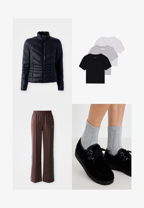 Čierna prešívaná bunda s vysokým golierom, so zipsom a chevronovým prešívaním, vyrobená z hladkého, ľahkého materiálu.; Sada troch tričiek s krátkym rukávom v čiernej, šedej a bielej farbe. Vyrobené z bavlny, s okrúhlym výstrihom a jednoduchým, jednofarebným dizajnom.; Hnedé športové nohavice s rebrovou textúrou, elastickým pásom a tyrkysovými bočnými pruhmi. Na prednej strane sa nachádza logo adidas.; Čierne zamatové topánky so plochou podrážkou, okrúhlym prstom a dvojitými dierkami. Nosené s šedými ponožkami s pleteným vzorom. Hladká textúra a jednoduchý dizajn.