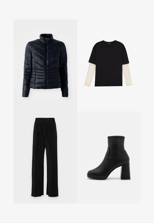 Schwarze gepolsterte Jacke mit Stehkragen, versehen mit Zickzacknähten und Reißverschluss, hergestellt aus einem glatten, leichten Material.; Schwarzes T-Shirt aus Baumwolle mit kurzen Ärmeln über einer weißen Langarmschicht, die ein dezentes strukturiertes Muster aufweist. Rundhalsausschnitt.; Schwarze plissierte Hose mit elastischem Bund. Verfügt über weite Hosenbeine und einen glatten, strukturierten Stoff mit vertikalen Streifen.; Schwarze Lederstiefelette mit hohem Blockabsatz, glatter Textur und eng anliegendem Schaft. Verfügt über ein nahtloses Design ohne sichtbare Verschlüsse.