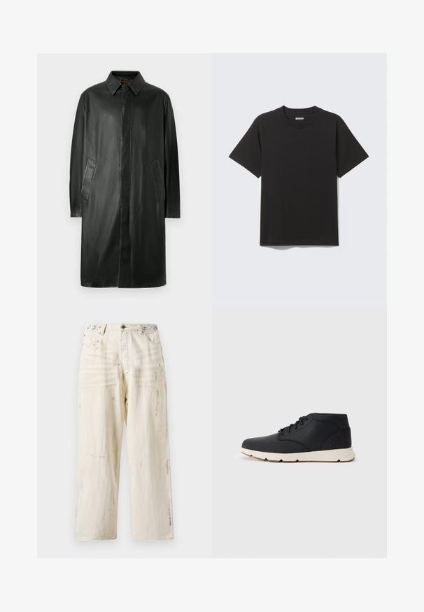 Must must coat, millel kaela ja sokkidega, pika varrukaga ja küljetaskutega. Sile tekstuur ja sirge lõigete disain.; Mustast pehmest puuvillast lühikeste varrukatega T-särk, millel on ümargune kaelus ja lihtne disain ilma mustrite või aktsentideta.; Kreemi värvi laiad denimipüksid, millel on sinised ja punased värviplekid, ees on taskud ja nähtavad õmblused.; Mustad mustad chukka saapad mustast nahast valge kummitald, ümmarguste nööride ja küljepealise logoga, mis on tampitud kanna peale. Ühtlane sile pind kogu ulatuses.