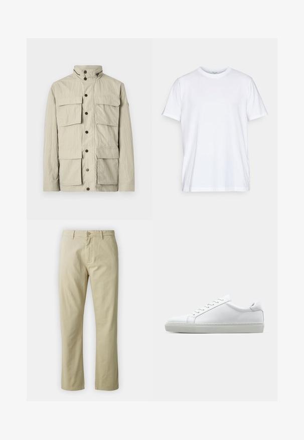 Beige jakke med høy krage, flere frontlommer og knappefester. Laget av strukturert stoff med lett design.; Hvit bomulls t-skjorte med korte ermer, rund hals og avslappet passform. Har et minimalistisk design, uten mønstre eller detaljer.; Beige bomullsbukser med rett ben-design, frontlukking med knapp og beltehemper. Jevn tekstur, ingen synlige mønstre eller detaljer.; Hvit sneakers med en glatt skinnoverdel og lav profil. Har en rund tå, seks snøring hull, og en teksturert gummisåle.