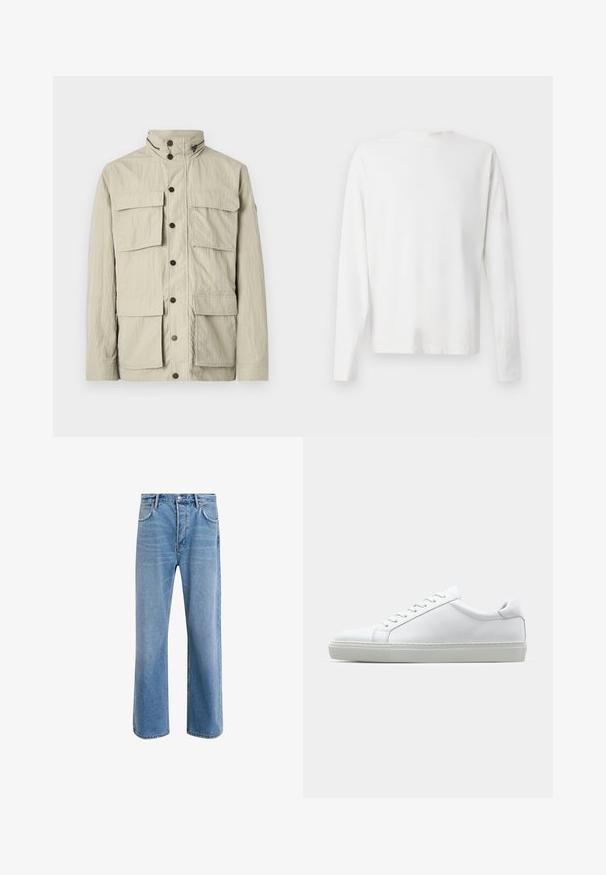 Chaqueta beige con un cuello alto, múltiples bolsillos frontales y cierres de botón. Fabricada con un tejido texturizado y un diseño ligero.; Camisa de algodón blanca de manga larga con cuello redondo, aberturas laterales en la parte inferior y una textura suave, exhibida desde la parte de atrás.; Jeans de mezclilla azul claro con un diseño de pierna recta, cinco bolsillos, cierre de botón, ligeramente desgastados y detalles de costura en contraste.; Zapatilla blanca con parte superior de cuero liso y perfil bajo. Presenta una puntera redondeada, seis ojales y una suela de goma texturizada.