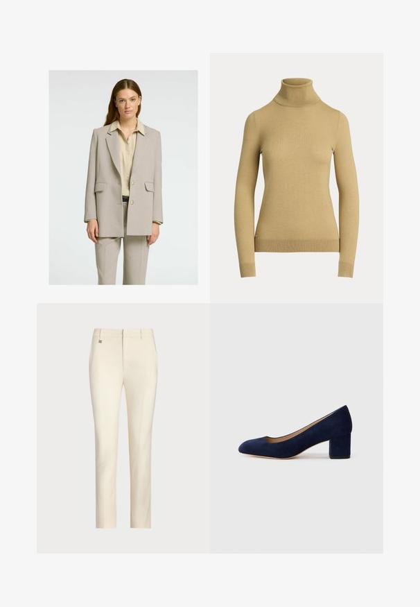Gai bēšs piegriezts bleizeris ar strukturētu piegriezumu, ar atgrieztiem uzmeklējumiem, divām priekšējām kabatām un vienu pogu aizdari, apvienots ar krēmkrāsas krekls.; Gaišais beidzis džemperis ar augstu apkakli, izgatavots no gluda, mīksta dzijas. Tam ir garas piedurknes un pieguļošs siluets ar ribotu apakšmali.; Kremkrāsas piegrieztas bikses ar taisnu kāju griezumu, kas izceļas ar gludu tekstūru, priekšējām kabatām un smalku metalisku akcentu uz jostas.; Tumši zili zamšādas kurpes ar norādītu degunu un vidēja augstuma blokveida papēdi. Gluda tekstūra ar smalku spīdumu un nelielu izgriezumu priekšā.