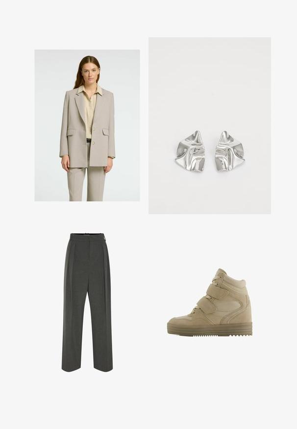 Blazer ajusté beige clair avec une coupe structurée, revers crantés, deux poches avant et une fermeture à un bouton, associé à une chemise crème.; Pull-over en olive à manches longues avec col marin, poignets et ourlet côtelés, présenté à plat sur un fond blanc.; Pantalon gris à jambes larges en tissu texturé, avec une taille haute et des plis devant. Le design comprend une ceinture lisse sans fermetures visibles.; Baskets montantes beiges avec un design en daim et en mesh, des sangles Velcro ajustables et une épaisse semelle en caoutchouc dotée d'un motif en zigzag.; Boucles d'oreilles en métal argenté avec un design ondulé et sculptural, présentant une finition polie et des formes irrégulières, mettant en valeur une esthétique contemporaine.