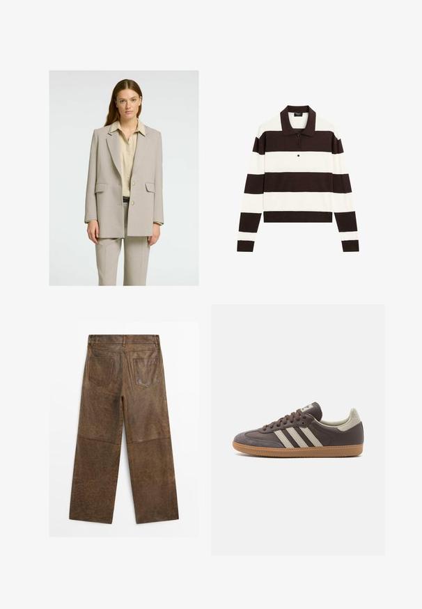 Lichtbeige op maat gemaakte blazer met een gestructureerde pasvorm, notch-revers, twee voorzakken en een enkele knoopsluiting, gecombineerd met een crèmekleurig shirt.; Polo shirt met lange mouwen, voorzien van afwisselende donkerbruine en witte horizontale strepen, een kraag en een knoopsluiting. Gemaakt van zachte stof.; Bruine leren wijde broek met twee achterzakken en zichtbare stiksels, vanaf de achterkant weergegeven op een witte achtergrond.; Bruine leren sneaker met drie lichtgekleurde strepen, rubberen gumzool, ronde neus en gestructureerde nubuck accenten op de hiel en neus.