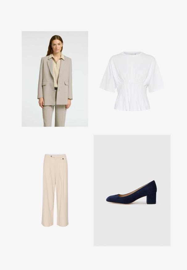 Helebeež žakett, millel on struktureeritud lõige, nurgelised kraed, kaks esi-taskut ja ühe nööbiga sulgur, sobitades koorevärvi särke.; Valge lühikeste varrukatega topp pehmest kangast, ümmarguse kaelusega ja kokkutõmbumise detailidega vööl, et saavutada figureeriv välimus.; Bežid laiad püksid, millel on lame eesmine osa, kaks külgtaskut, nööpkinnitus ja volditud detailid, et lisada tekstuuri ja disaini.; Tumesinise sametist kõrge kontsaga king, millel on terav nina ja keskmise kõrgusega plokk-konts. Sile tekstuur kerge sädelusega ja ees väike lõige.