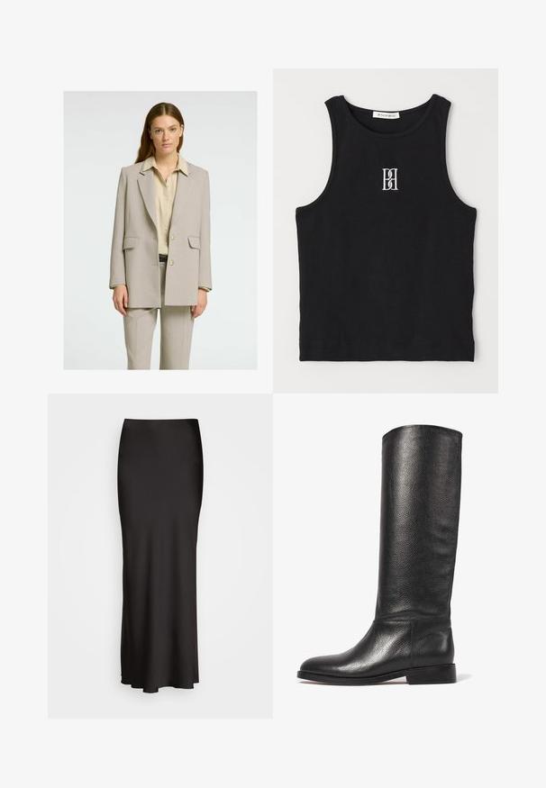 Lichtbeige op maat gemaakte blazer met een gestructureerde pasvorm, notch-revers, twee voorzakken en een enkele knoopsluiting, gecombineerd met een crèmekleurig shirt.; Zwarte geribbelde tanktop met een ronde halslijn en een geborduurd logo in het wit. De stof heeft een gladde textuur met een aansluitende pasvorm.; Zwarte, vloerlange satijnen rok met een gladde textuur, een aansluitende tailleband en een A-lijn silhouet, zonder zichtbare versieringen of patronen.; Knee-high zwarte leren laars met een gestructureerde afwerking, ronde neus, gladde schacht en een lage gestapelde hak. Minimalistisch design, geen zichtbare hardware.