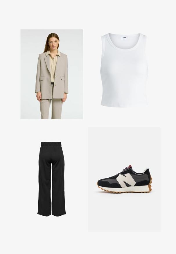 Šviesiai smėlinis pritaikytas bleizeris su struktūrizuotu kirpimu, įpjovomis atvartais, dviem priekinėmis kišenėmis ir vienu mygtuku, derinamas su grietinėlės spalvos marškiniais.; Balta raukšlėta tank top marškinėliai su apvaliu iškirpimu, be rankovių dizainu ir trumpa ilgio. Etiketėje parašyta "JJXX." Lygus audinio paviršius.; Juodos, plačios kelnės su elastinga juosta, pagamintos iš lygaus audinio. Pasižymi švariu dizainu, be kišenių ar matomų siūlių detalių.; Juoda ir pilka zomšinė sportinė avalynė su dideliu kreminiu "N" logotipu, violetinėmis raištelėmis ir tekstūruota gumos padu.