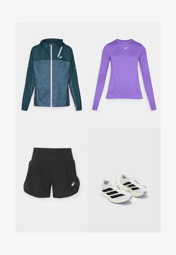Letvægtsjakke med hætte, turkis øverste sektion, mønstret mørkeblå nederste sektion, pink lynlås og elastiske manchetter.; Langærmet træningstrøje i lyse lilla stof, med en tætsiddende pasform, rund hals og subtil struktur med logo detaljer på brystet.; Sorte atletiske shorts med en bred talje, plisseret design og et lille hvidt logo på nederste venstre side. Blødt, let materiale.; Hvide sportsko med sorte striber og branding, med en mesh-overdel, afrundet tå og tyk cremefarvet sål til polstring.