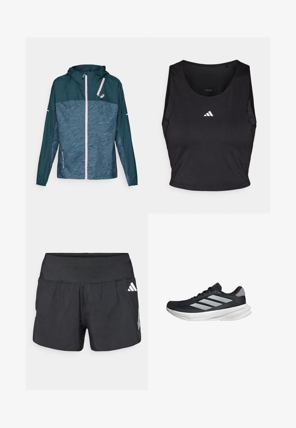 Lightweight jacket featuring a hood, teal upper section, patterned dark blue lower section, pink zipper, and elasticized cuffs.; Black sports crop top made from moisture-wicking fabric, featuring a round neck, sleeveless design, and white logo on the chest.; Black athletic shorts featuring a wide elastic waistband, lightweight fabric, and white logo accents on the lower side.; Black running shoe with mesh upper, three silver stripes, white midsole, and textured outsole. Features padded collar and lace closure.