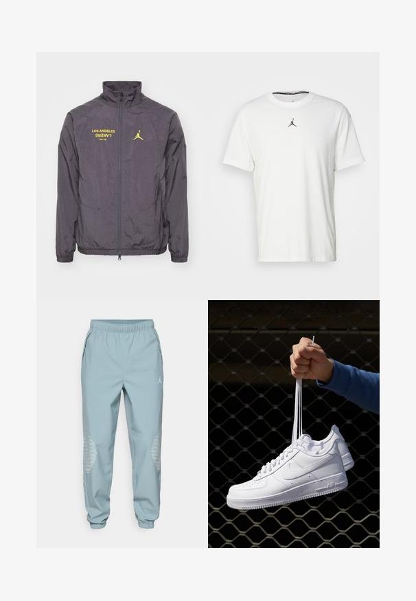 Nike Performance NBA LOS ANGELES LAKERS JORDAN JACKET - Træningsjakke - medium ash/purple smoke; Hvid kortærmet T-shirt lavet af bomuld, med et sort Jumpman-logo på brystet og en rund halsudskæring med et sort indvendigt mærke.; Lyseblå atletiske joggers med elastisk talje, sidelommer og reflekterende prikker på underbenene.; Hvide lædersneakers med perforeringer, rund tå, flad sål og tykke snørebånd, med et synligt swoosh-logo og "AIR" på hælen.