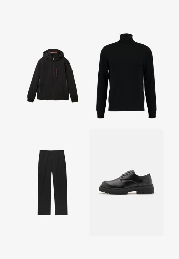 TOM TAILOR MIT KAPUZE - Outdoor jacket - black; Black turtleneck sweater made of a soft knit material. Features long sleeves, ribbed collar, and hem. Simple, sleek design without patterns.; Black pants with a straight-leg design, made from a smooth fabric. Features front pleats and a single button closure at the waist.; Black leather shoes with a rounded toe, lace-up design, and a thick, textured rubber sole. Features stitching along the edge and a smooth finish.