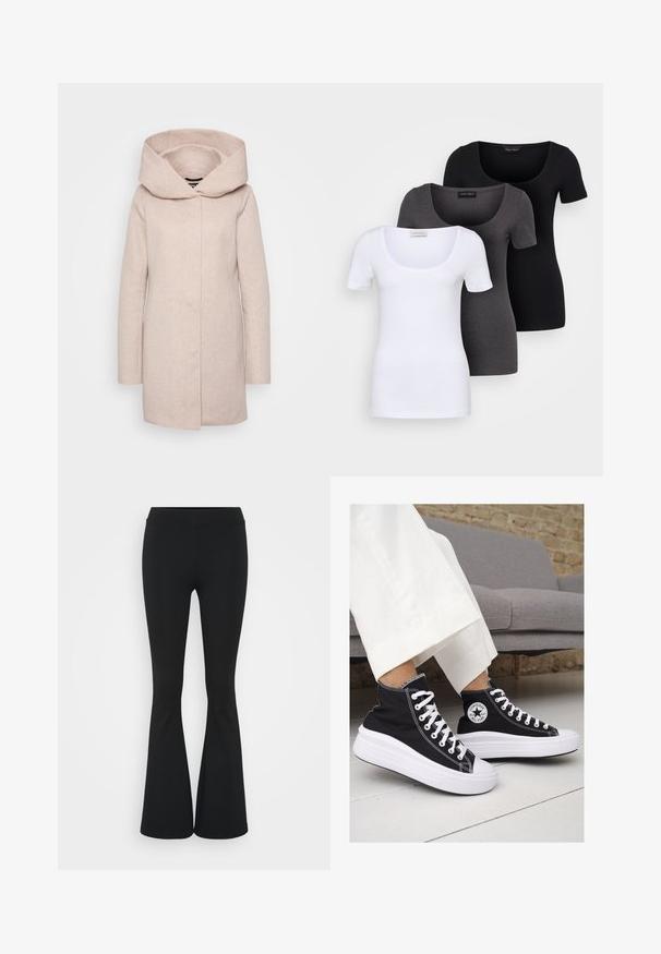 Light beige coat with a large, structured hood. Made of soft fabric, featuring a front opening and long sleeves. Smooth texture and simple design.; Three fitted T-shirts in white, gray, and black. Each features a wide scoop neckline and short sleeves. Made from smooth, stretchy fabric.; Black flared pants made of stretchy fabric, featuring a high waistband and a smooth texture. The pants flare out from the knee.; Black canvas high-top sneakers with white rubber soles and laces. Features a circular logo on the side and contrasting white stitching.