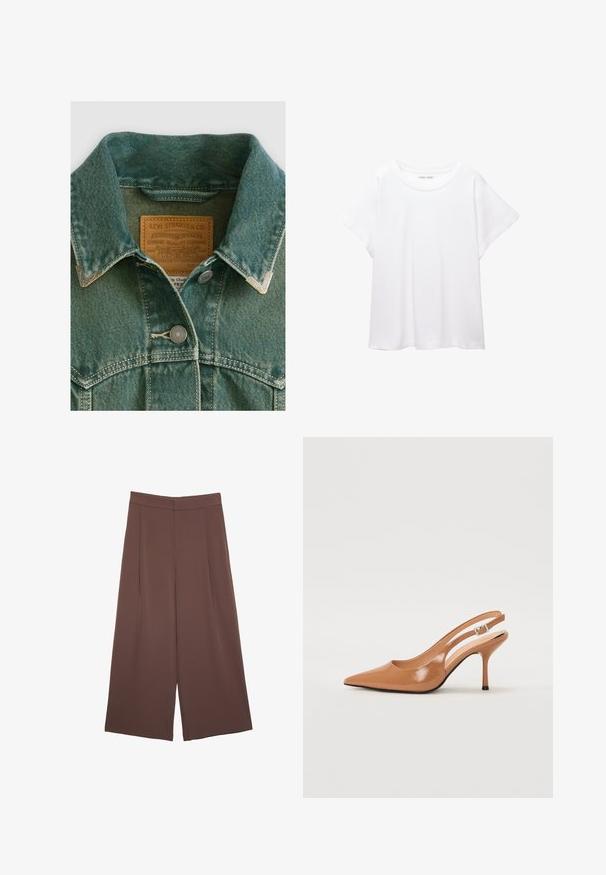 Giacca di jeans in teal sbiadito con colletto a punta, bottoni in metallo argentato e una etichetta in pelle con i dettagli del marchio.; T-shirt bianco realizzato in un tessuto morbido e leggero. Presenta un collo rotondo e maniche corte e larghe con vestibilità morbida. Nessun motivo visibile.; Pantaloni ampi marroni con una texture liscia, caratterizzati da una vita alta e pieghe frontali. Il tessuto è leggero e scorre liberamente.; Tacco slingback a punta affusolata in un materiale tan liscio e lucido. Presenta un design con ritaglio curvo e un sottile tacco a stiletto. Dettaglio con fibbia argentata.