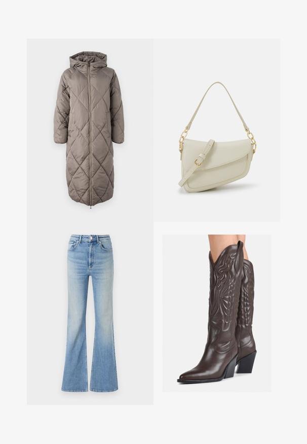 Pikk, kapuutsiga sulejope tuhm taupe värvuses, millel on teemantikujuline tikand, esimesed lukud ning elastsed mansetid soojuse hoidmiseks.; Valge ilma varrukateta T-särk, mis on valmistatud ribakangast, ümarate kaelustega ja kitseneva siluetiga, minimaalse õmbluste ning ilma kaunistusteta.; Heledad sinine flared teksapüksid, millel on kõrge vöökoht, viie tasku disain ja peen gradiseeruv hägusus alates hemist.; Pruunid nahast cowboy saapad terava varbaga ja plokk-kandaga, millel on detailne tikand ja kergelt tõstetud aktsendid varrel.; Väike kreemjas käekott tekstureeritud viimistlusega, pikendatav rihm, ketiläbimõõt ja klapiga sulgemine. Kuldsed metalldetailid.