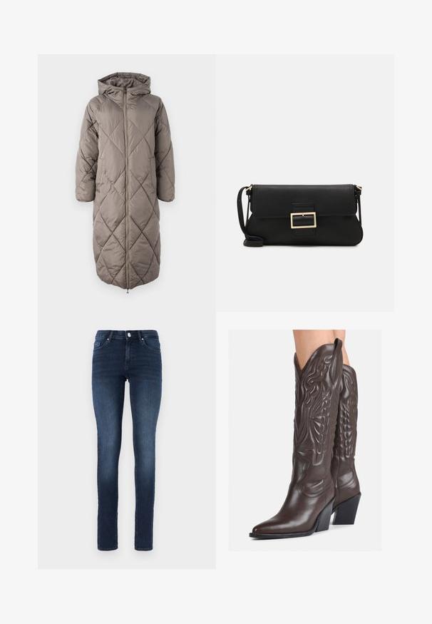 Dlhý, kapucňový zateplený kabát v tlmenej taupe farbe, s diamantovým prešívaním, predným zipsom a elastickými manžetami na zabezpečenie tepla.; Biela bezrukávová tielko vyrobené z rebrovanej látky, s okrúhlym výstrihom a priliehavým strihom, s minimálnymi švami a bez ozdôb.; Tmavo modré úzke džínsové nohavice s klasickým päť vreckovým dizajnom, s gombíkovým zapínaním a jemným vyblednutím na stehnách.; Hnedé kožené kovbojské topánky s špicatou špičkou a blokovým podrážkou, so zložitým prešívaním a vyvýšenými akcentmi na puzdre.; Čierna kožená clutch taška s klopou a zlatým kovovým detailom s prackou. Obsahuje čierny remienok a elegantný, minimalistický dizajn.
