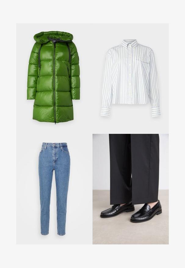 Cappotto puffo verde con cappuccio. Presenta una texture lucida e liscia, zip nera e cinturini regolabili. Forma squadrata con taglio alla lunghezza del ginocchio.; GANT Camicia - eggshell; Jeans blu a vita alta, con gamba dritta, dotati di bottone e cerniera frontale, passanti per cintura e tasche, esposti su uno sfondo bianco semplice.; Mocassini in pelle nera con una finitura liscia, dettagli cuciti attorno alla punta e suola in gomma bassa. Abbinati a pantaloni neri larghi.