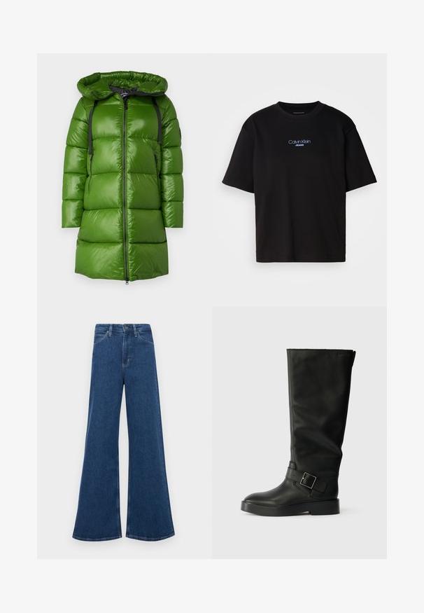 Geacă puf verde cu glugă. Are o textură lucioasă și netedă, fermoar negru și curele ajustabile. Formă pătrată cu un croi până la genunchi.; Tricou din bumbac negru cu guler rotund, mâneci scurte și logo-ul brodat în albastru "Calvin Klein JEANS" pe față.; Jeans din denim albastru cu talie înaltă, cu o croială evazată, având cinci buzunare, închidere cu nasture și cusături în contrast pe șuvițe.; Cizme negre până la genunchi, din piele netedă, cu vârf rotund, talpă groasă și o curea orizontală cu detaliu de cataramă rectangulară.