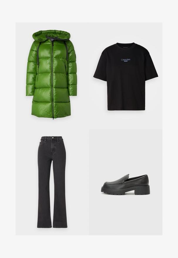Zeleni pufer kaput s kapuljačom. Ima sjajnu, glatku teksturu, crni zip i podesive trakice. Kutija oblika s dužinom do koljena.; Crna pamučna majica s okruglim izrezom, kratkim rukavima i plavim izvezenim logom "Calvin Klein JEANS" na prednjoj strani.; Crne traperice s visokim strukom i proširenim dnom, izrađene od denima, s kopčanjem na dugme, petljama za remen i bočnim džepovima. Glatka tekstura s minimalnim izblijedjenjem.; Crne kožne loaferice s zaobljenim vrhom, debelim teksturiranim potplatom i minimalnim detaljima šivanja. Elegantna izrada bez vidljivih vezica ili metalnih elemenata.