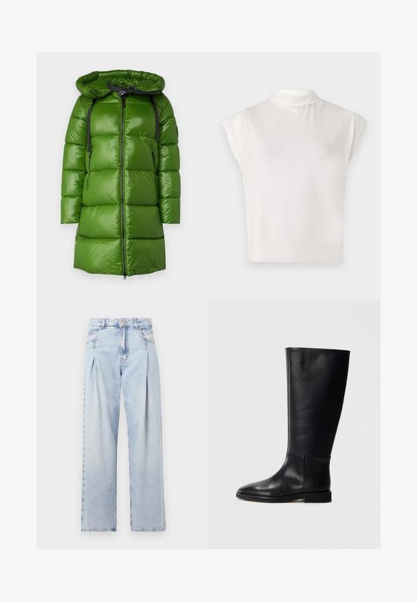 Cappotto puffo verde con cappuccio. Presenta una texture lucida e liscia, zip nera e cinturini regolabili. Forma squadrata con taglio alla lunghezza del ginocchio.; Top bianco senza maniche a collo alto realizzato in tessuto morbido, caratterizzato da un design strutturato con una superficie liscia e un sottile dettaglio a coste sull'orlo.; Jeans in denim azzurro chiaro con vita alta, taglio a gamba larga, due tasche laterali e design plissettato. Texture morbida con una finitura sbiadita.; Stivale in pelle nera al ginocchio con punta arrotondata, texture liscia, design minimalista e suola piatta. Dettagli di cucitura semplici sulla gamba.