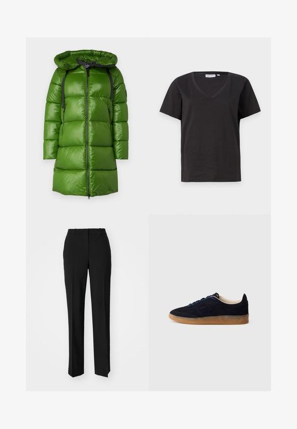 Casaco puffer verde com capuz. Apresenta uma textura brilhante e suave, fecho zig-zag preto e alças ajustáveis. Forma boxy com um corte até aos joelhos.; T-shirt de algodão preto com decote em V e mangas curtas. Design simples com um corte regular e sem padrões ou detalhes.; Calças pretas de corte ajustado com um design de perna reta, apresentando uma textura lisa e pregas bem definidas na frente. Sem hardware visível.; Tênis de camurça azul-marinho com sola de borracha cor de goma, atacadores azuis e design minimalista. Apresenta logótipo em relevo na lateral e forro interior liso.