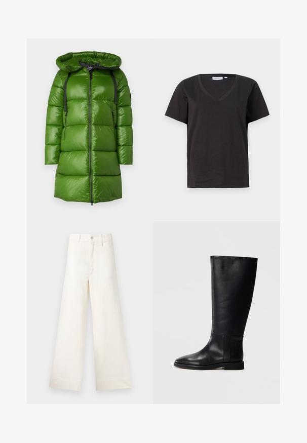 Zelený péřový kabát s kapucí. Má lesklou, hladkou texturu, černý zip a nastavitelné popruhy. Široký střih s délkou po kolena.; Černé bavlněné tričko s výstřihem do V a krátkým rukávem. Jednoduchý design s klasickým střihem bez vzorů nebo akcentů.; Kalhoty s širokými nohavicemi v světle béžové bavlně. Mají vysoký pas, přední kapsy a rovný střih. Čistý lem bez vzorů.; Černá kožená vysoká bota s kulatou špičkou, hladkou texturou, minimalistickým designem a plochou podrážkou. Jednoduché švy na holeně.