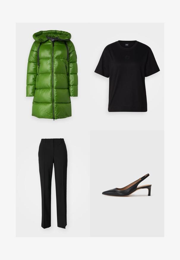 Geacă puf verde cu glugă. Are o textură lucioasă și netedă, fermoar negru și curele ajustabile. Formă pătrată cu un croi până la genunchi.; T-shirt negru din bumbac, cu guler rotund, mâneci scurte și un logo brodat pe piept. Design simplu, cu o croială relaxată și fără modele.; Pantaloni negri tailor-ed cu un design drept, având o textură fină și cute clare pe față. Fără elemente de prindere vizibile.; Pantofii slingback din piele neagră, cu vârf ascuțit, toc jos și o textură netedă. Prezintă o curea subțire, ajustabilă, pentru o fixare sigură.