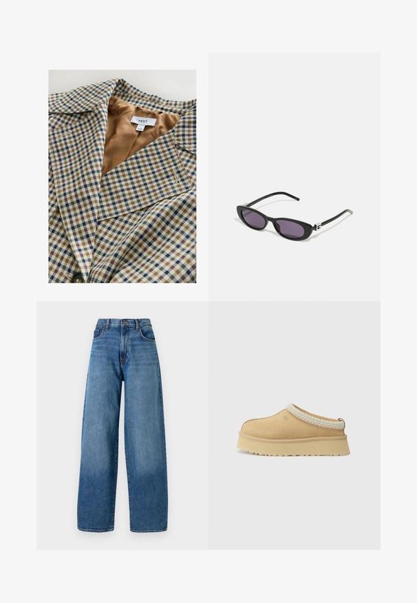 Blazer carreauté avec une doublure beige clair. Le motif se compose de carreaux bleus, bruns et crème, avec un col cranté et une fermeture à bouton.; Cardigan gris en maille avec un col rond, fermeture à boutons sur le devant et poignets côtelés. Présente une coupe décontractée et une texture douce.; Deux t-shirts à manches longues blancs, superposés l'un légèrement devant l'autre sur un fond blanc.; Jean en denim bleu à jambe large avec un design classique à cinq poches. Comprend une fermeture à bouton et un léger délavage pour ajouter de la texture.; Chaussure slip-on en daim beige avec un col rembourré et un accent texturé bleu clair. Elle dispose d'une semelle extérieure épaisse et durable avec un profil de traction.; Gucci Lunettes de soleil - black/grey; Sac hobo en daim marron foncé avec une large sangle en cuir réglable et un corps doux et décontracté sur fond blanc.