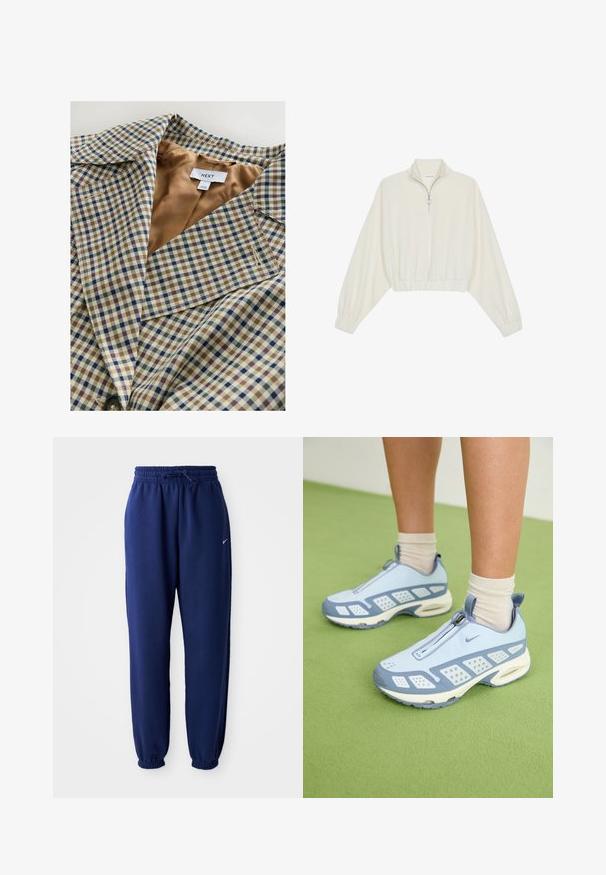 Langų rašto švarkas su šviesiai smėlio spalvos pamušalu. Raštas sudarytas iš mėlynų, rudų ir kreminių tarkų, turi įpjovą apykaklę ir mygtukų užsegimą.; Kreminės spalvos trumpas megztinis, turintis aukštą apykaklę, pusiau užtrauktuką, elastinį apačią irRankovių kraštus, su lygiu paviršiumi ir minimalizuotu dizainu.; Tamsiai mėlynos sportinės kelnės, pagamintos iš minkštos medžiagos, su elastingu juosmeniu ir raišteliu, elastinėmis rankovėmis ir mažuoju baltu logotipu.; Šviesiai mėlynos sportinės batuokai su baltais akcentais, tekstūruotais paneliais ir užtrauktuku. Yra matoma oro amortizavimo padas ir guminis padas.