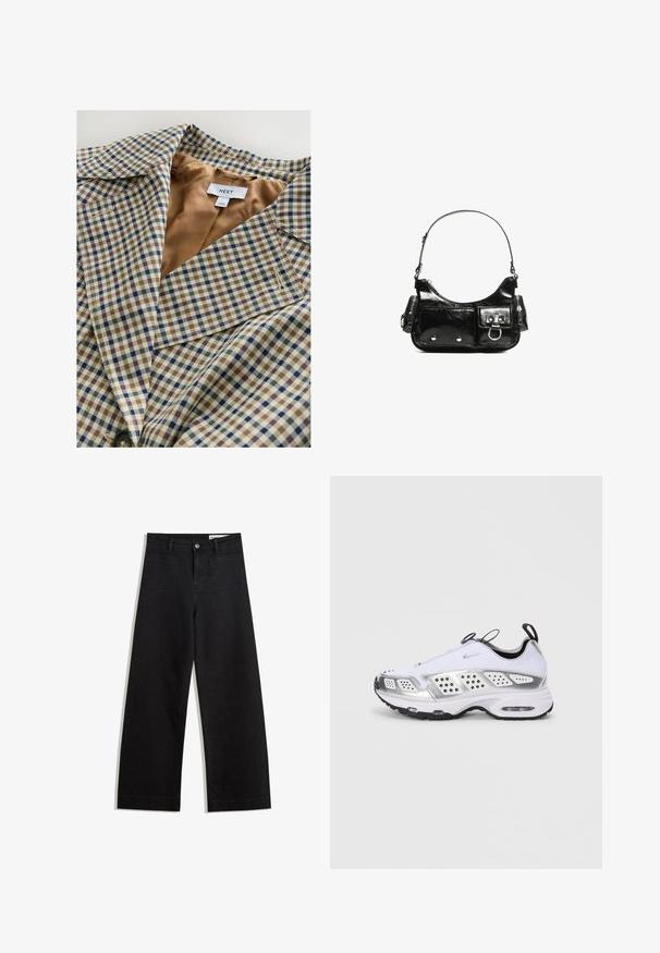 Karirana sako s laganim tamnosmeđim podstavljanjem. Uzorak se sastoji od plavih, smeđih i krem checkova, s ovratnikom u obliku slova V i zatvaranjem na dugme.; Crna oversized majica s kratkim rukavima, okruglim izrezom i ravnim donjim rubom. Napravljena od mekog pamuka s glatkom teksturom. Samo stražnja strana.; Crne široke traperice s visokim strukom, s prednjim i stražnjim džepovima, šivenim šavovima i kopčanjem na gumb. Glatka tekstura.; Bijela atletska cipela s srebrnim detaljima, gornji dio od mrežice i sintetičkih materijala, zračna obuća, perforacije za prozračnost i gumeni potplat.; Crna patentna kožna torba s zakrivljenim oblikom, jednim remenom za rame, prednjim džepovima i akcentima od srebrnog tona.